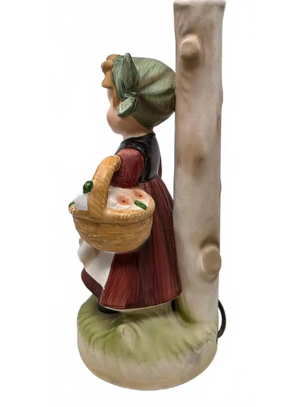 Vintage Ceramic Girl Flower Basket Figural Lamp Hummel Style Cottage Decor